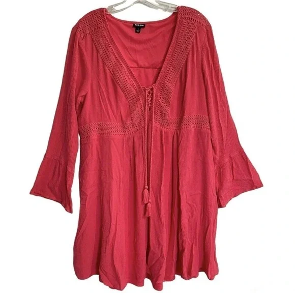 Torrid Mini Gauze Lace-Up Skater Swing Dress Womens 1X Long Bell Sleeve … - Picture 2 of 8